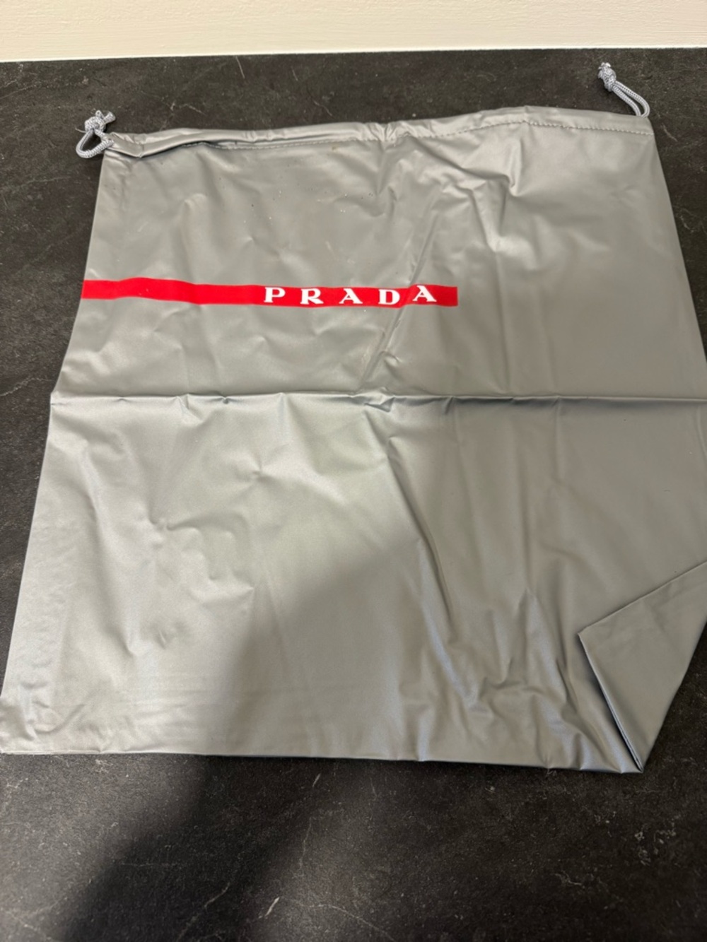 Prada Sport Light Gray Drawstring Dust Bag with Red Logo Stripe